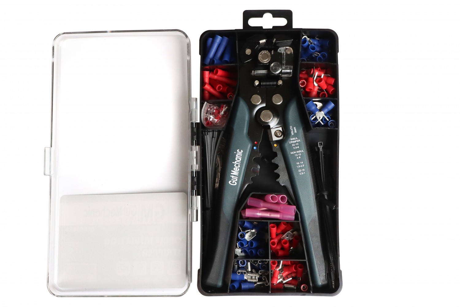 ЩИПЦІ ОБЖИМНІ ДЛЯ ЗНЯТТЯ ІЗОЛЯЦІЇ З ПРОВОДІВ (СТРИПЕР) GUT MECHANIC 0.2-6MM² (З НАБОРОМ ХОМУТІВ, ГІЛЬЗ ТА НАКОНЕЧНИКІВ) CIS00026